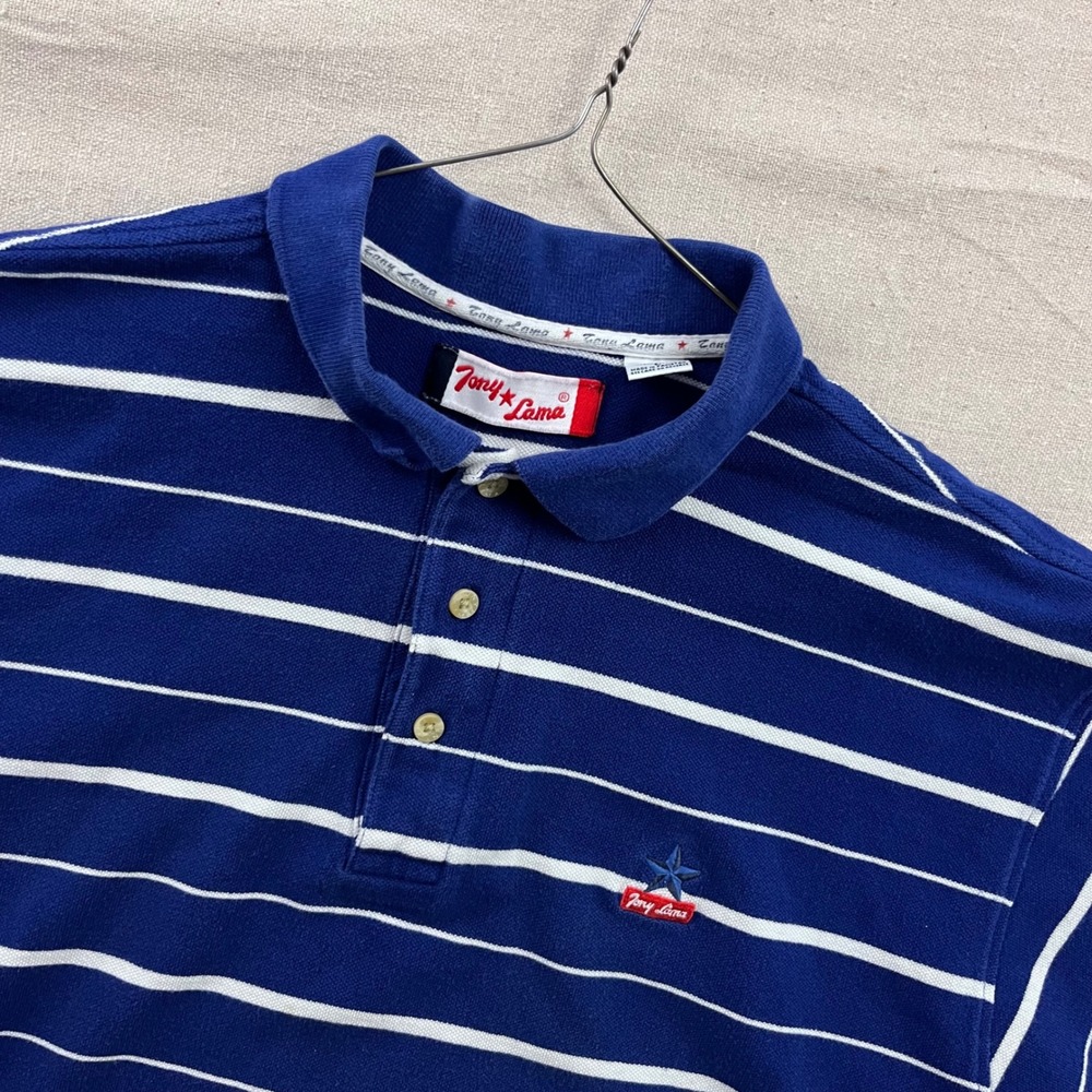 Tony‎ Lama Mens Blue White Striped Pique Cotton Western Polo Shirt Large Logo